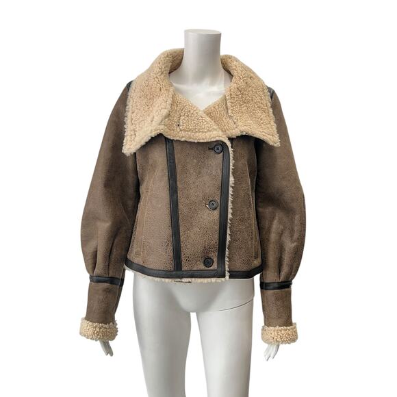 $1695 Veronica Beard Brown Black Shearling Selita Fur Trim Jacket Coat size 6 - Picture 3 of 11